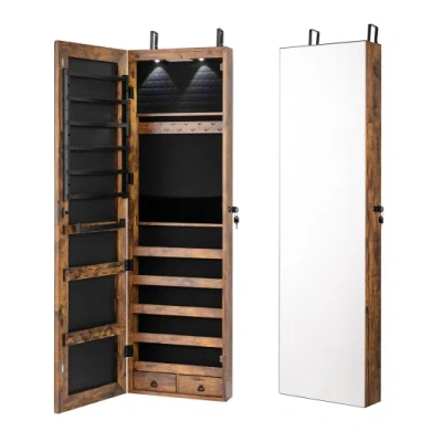 Costway Wall And Door Mounted Mirrored Jewelry Cabinet With Lights-rustic Brown In White