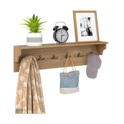 Costway Wall Hooks With Shelf 31.5inch Wooden Coat Rack With 6 Hooks For Hats Towels Purses Robes-natural In Brown