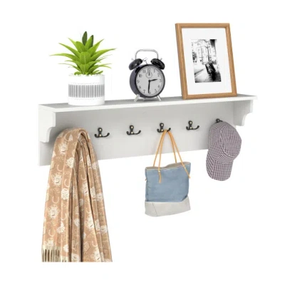 Costway Wall Hooks With Shelf 31.5inch Wooden Coat Rack With 6 Hooks For Hats Towels Purses Robes-white