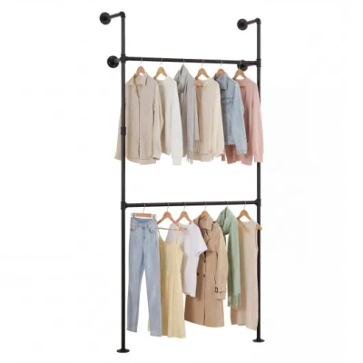 Costway Wall Mounted Pipe Clothing Rack With 2 Hanging Rods-black In Multi