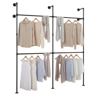 Costway Wall Mounted Pipe Clothing Rack With 4 Hanging Rods-black In Multi