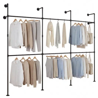Costway Wall Mounted Pipe Clothing Rack With 6 Hanging Rods-black In Multi