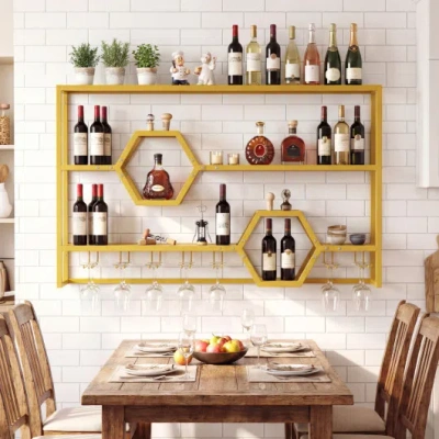 Costway Wall Mounted Wine Rack 47" Large Floating Bar Shelves-gold
