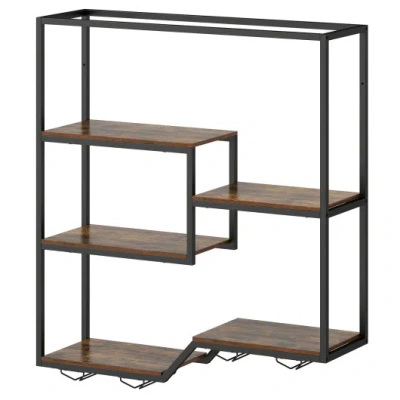 Costway Wall Mounted Wine Rack 6-tier Hanging Bar Shelf With Bottle Display Shelf And Glass Holder-rustic Br In Black