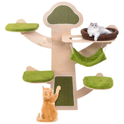 Costway Wall-mounted Cat Tower Cat Wall Shelves Furniture With Bed-green In Multi