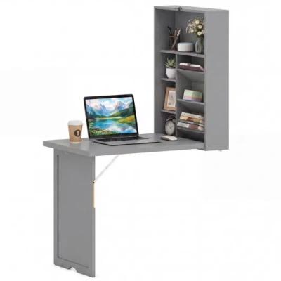 Costway Wall-mounted Fold-out Convertible Floating Desk Space Saver-gray