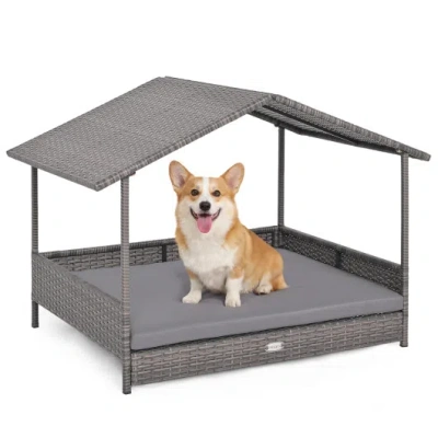 Costway Wicker Dog House Elevated Pe Rattan Dog Bed With Canopy-gray