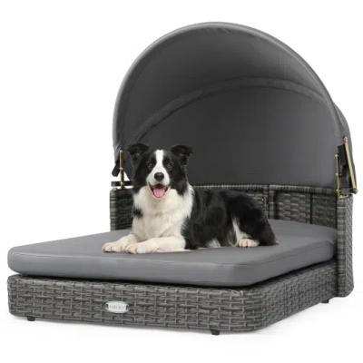Costway Wicker Dog House With Adjustable Canopy & 2 Detachable Cushions For Small Medium Dogs-gray