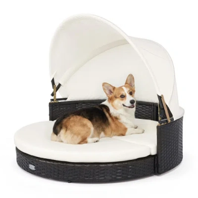Costway Wicker Dog House With Retractable Canopy & Removable Cushion For Small Medium Dogs-white In Multi