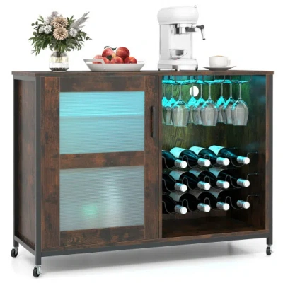 Costway Wine Bar Cabinet With Led Light And Adjustable Shelves-rustic Brown In Multi