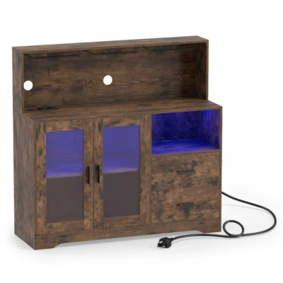 Costway Wine Bar Cabinet With Led Lights And Charging Station-rustic Brown
