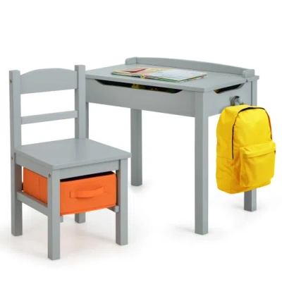 Costway Wood Activity Kids Table And Chair Set With Storage Space-gray