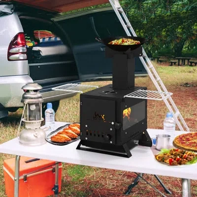 Costway Wood Burning Stove With Heat Resistant Glass Window, Grill Net,, Stainless Steel