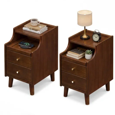 Costway Wood Nightstand Set Of 2 With Drawers And Solid Wood Legs-brown