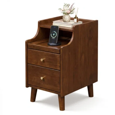 Costway Wood Nightstand With Drawers And Solid Wood Legs For Bedroom-brown