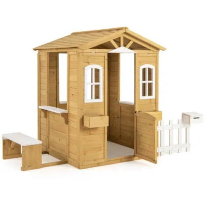 Costway Wood Playhouse With Bench And Serving Stations For 2+ Years Old Kids In Brown