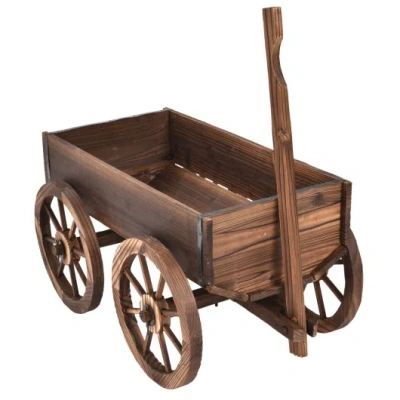Costway Wood Wagon Planter Pot Stand With Wheels In Brown