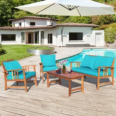 Costway Wooden 4 Piece Sofa Seating Group With Cushions In Brown