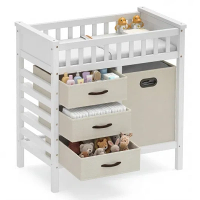 Costway Wooden Baby Changing Table Diaper Changing Station With 3 Fabric Storage Drawers-beige In White
