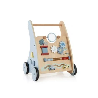 Costway Wooden Baby Push And Pull Walker With Multi-activity Learning Center In Blue