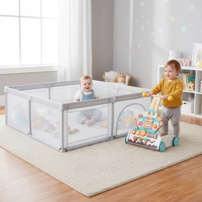 Costway Wooden Baby Walker And Large Infant Playpen Bundle In White
