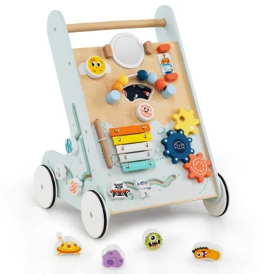 Costway Wooden Baby Walker Push And Pull Learning Activity Center With Wheels For Toddlers 1+ Years Old-gree In Blue