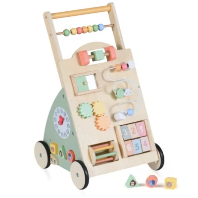 Costway Wooden Baby Walker With Wheels And Storage Basket In Multi