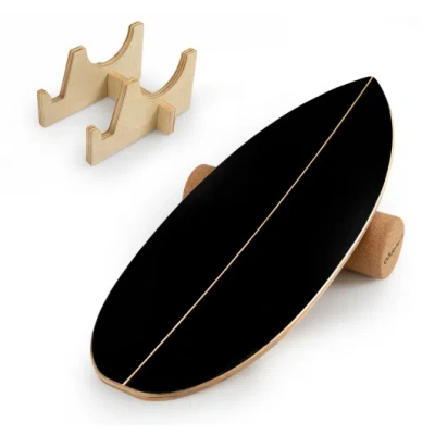 Costway Wooden Balancing Board With Cork Roller And Storage Rack To Exercise-black In Multi