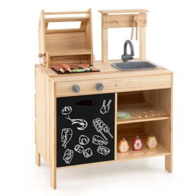 Costway Wooden Barbecue Grill Playset With Chalkboard And Sink And Cabinet-natural In Brown