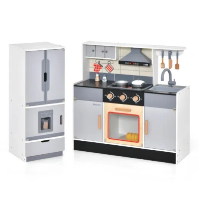 Costway Wooden Chef Play Kitchen And Refrigerator With Realistic Range Hood And Roaster In Gray