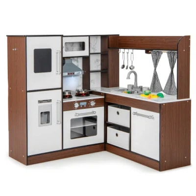Costway Wooden Corner Play Kitchen With Water Circulation System And Lights-brown
