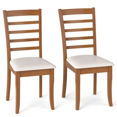 Costway Wooden Dining Chair Set Of 2 Modern Upholstered Kitchen Chair-beige In Brown