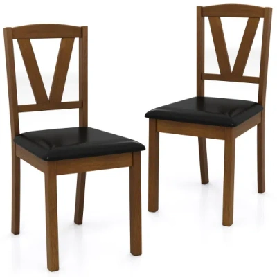 Costway Wooden Dining Chair Set Of 2 With Pu Leather Upholstered And Rubber Wood Frame-brown