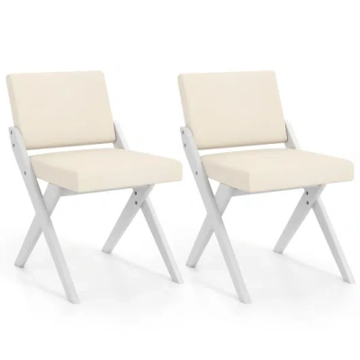 Costway Wooden Dining Chairs Of 2 With Rubber Wood Frame And Padded Cushions-white In Multi