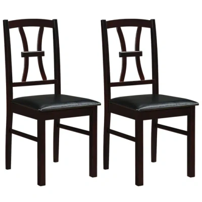 Costway Wooden Dining Chairs Set Of 2 With Faux Leather Padded Seat For Kitchen-brown In Black
