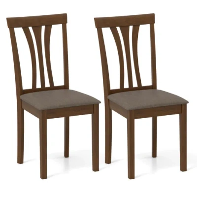 Costway Wooden Dining Chairs Set Of 2 With Linen Fabric Upholstered And Rubber Wood Frame-brown
