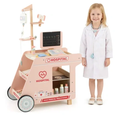 Costway Wooden Doctor Playset For Kids Pretend Play Doctor Kit With Cart Gift For Toddlers Boys Girls Aged 3 In Animal Print