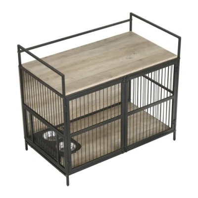 Costway Wooden Dog Crate Furniture For Medium Dogs With Bowls And Rotatable Holder-gray In Black