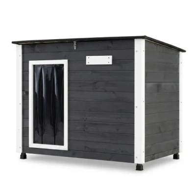 Costway Wooden Dog House Outdoor With Natural Spruce Wood Frame, Removable Floor And Openable Asphalt Roof-l In Black