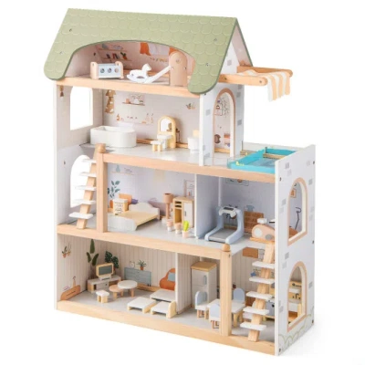 Costway Wooden Dollhouse Kids Diy Pretend Playhouse With 33 Pcs Furniture Accessories-green In Multi