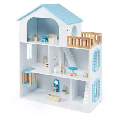 Costway Wooden Dollhouse With 5 Rooms And Furniture Accessories For Kids-blue