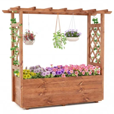 Costway Wooden Elevated Planter Raised Garden Bed With Hanging Roof-orange In Multi