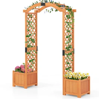 Costway Wooden Garden Arbor With Planter And Trellis For Climbing Plants Decorations-orange In Brown