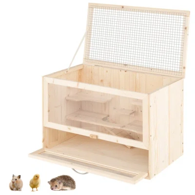 Costway Wooden Hamster Cage With Mesh Flip Roof-natural In Brown