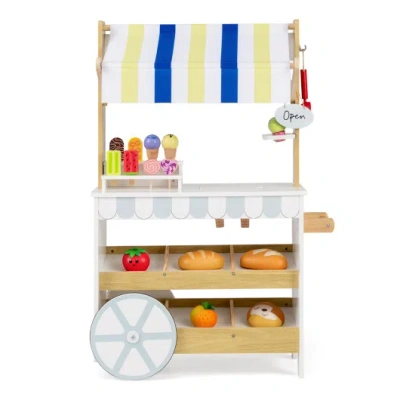 Costway Wooden Ice Cream Cart For Kids 2-in-1 Grocery Store Playset With Display Shelves-white In Animal Print