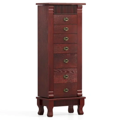 Costway Wooden Jewelry Armoire Cabinet Storage Chest With Drawers And Swing Doors-brown In Multi