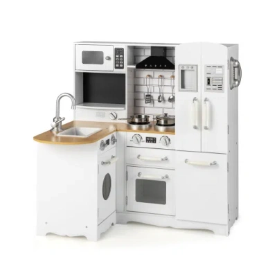 Costway Wooden Kid's Corner Kitchen Playset With Stove For Toddlers-natural & White In Multi