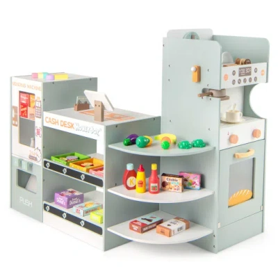 Costway Wooden Kids Grocery Store Playset Pretend Play Supermarket-green In Gray