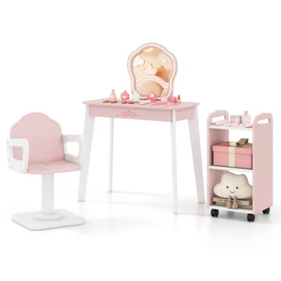 Costway Wooden Kids Hair Salon Play Set With Led Lighted Mirror-pink In Multi