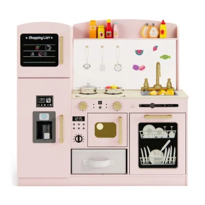 Costway Wooden Kids Kitchen Playset With Chalkboard Ice Maker Sink Lighted Microwave-pink